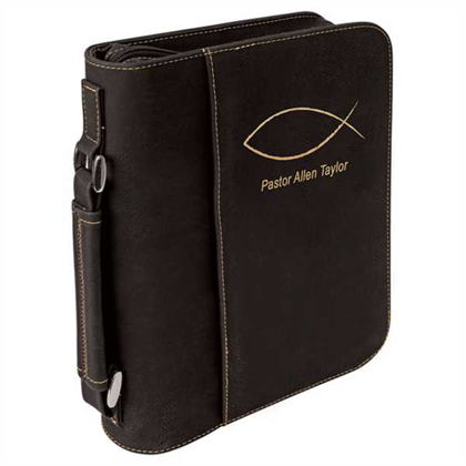 Picture of 7 1/2" x 10 3/4" Black/Gold Leatherette Book/Bible Cover with Handle & Zipper