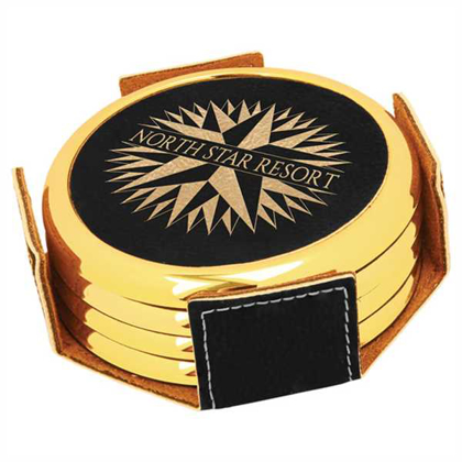 Picture of 3 5/8" Round Black/Gold Laserable Leatherette 4-Coaster Set w/Gold Edge