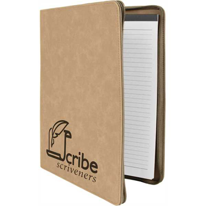 Picture of 9 1/2" x 12" Light Brown w/ Zipper Laserable Leatherette Portfolio with Notepad