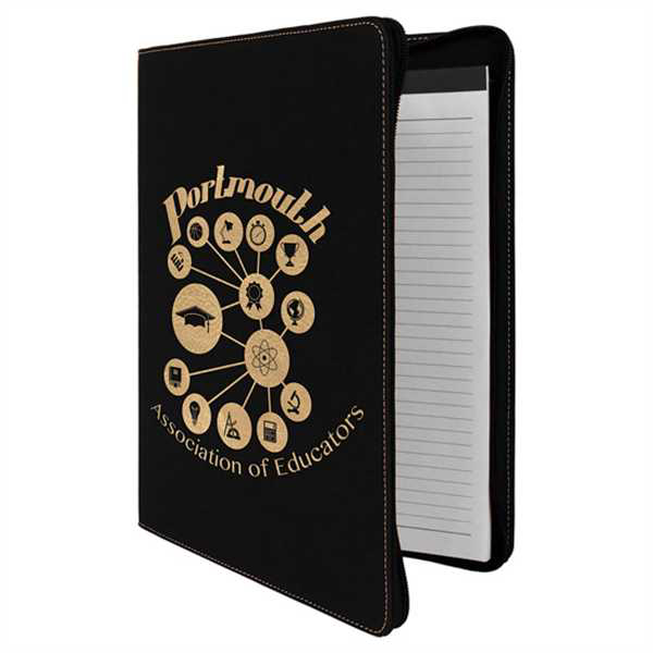 Picture of 9 1/2" x 12" Black/Gold with Zipper Laserable Leatherette Portfolio with Notepad