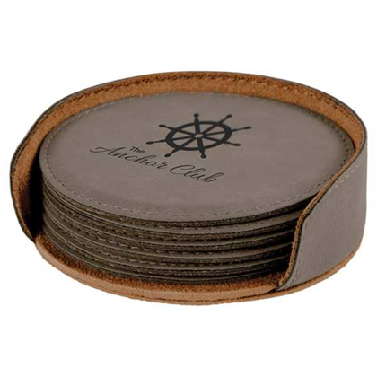 Picture of 4" Gray Round Laserable Leatherette 6-Coaster Set