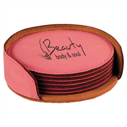 Picture of 4" Pink Round Laserable Leatherette 6-Coaster Set