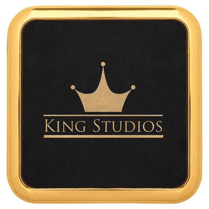 Picture of 3 5/8" x 3 5/8" Square Black/Gold Laserable Leatherette Coaster w/Gold Edge