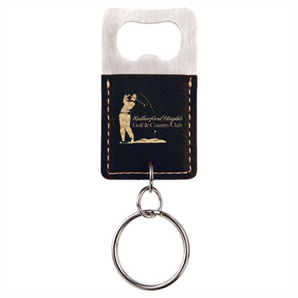 Picture of Rectangle Black/Gold Laserable Leatherette Bottle Opener Keychain