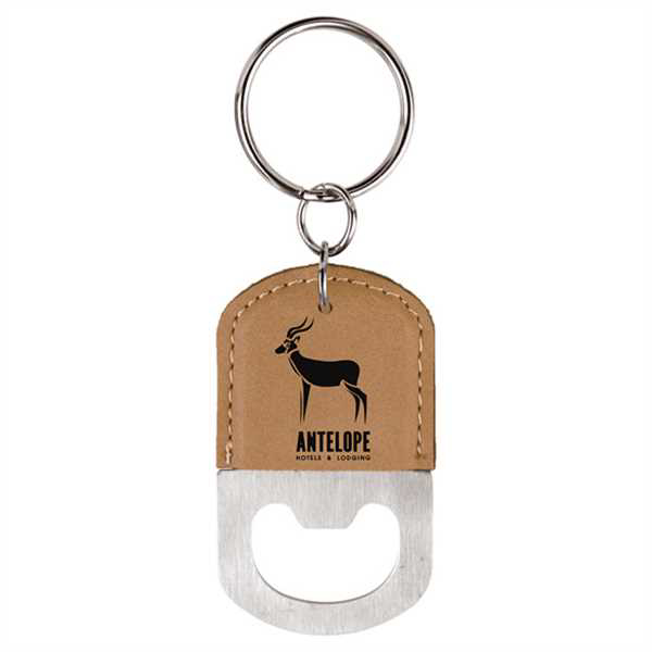 Picture of Oval Light Brown Laserable Leatherette Bottle Opener Keychain