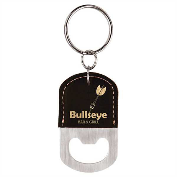 Picture of Oval Black/Gold Laserable Leatherette Bottle Opener Keychain