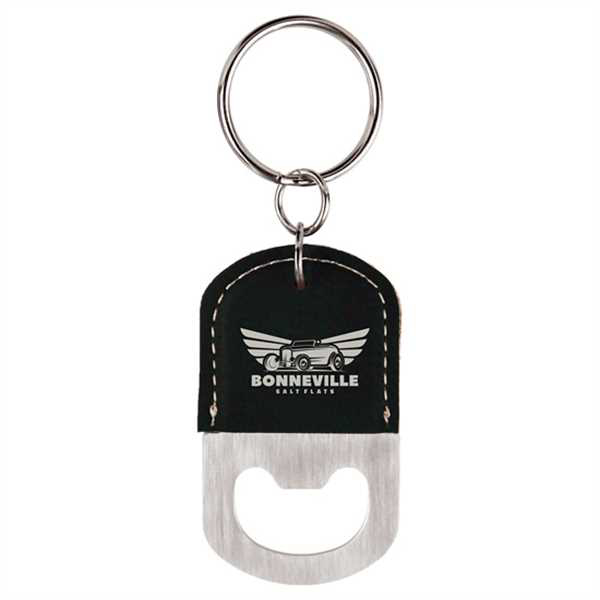 Picture of Oval Black/Silver Laserable Leatherette Bottle Opener Keychain