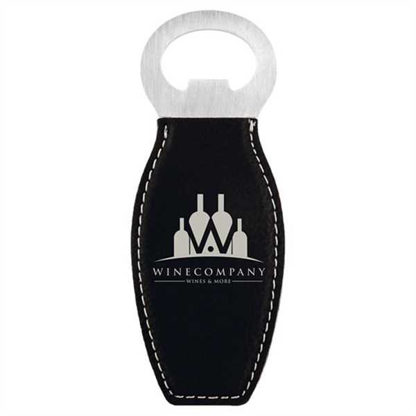 Picture of Black/Silver Laserable Leatherette Bottle Opener with Magnet