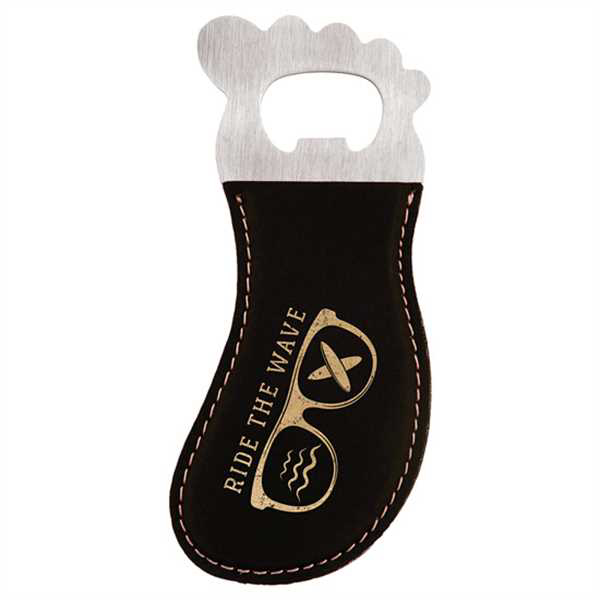 Picture of Black/Gold Laserable Leatherette Foot Shaped Bottle Opener with Magnet