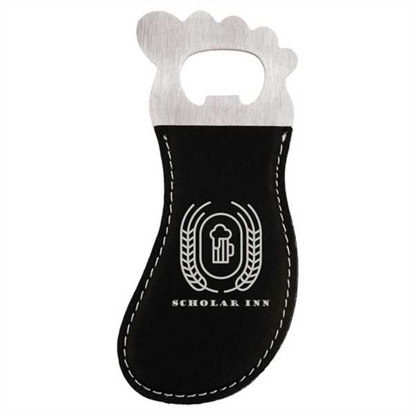 Picture of Black/Silver Laserable Leatherette Foot Shaped Bottle Opener with Magnet