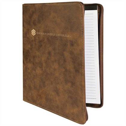 Picture of 9 1/2" x 12" Rustic/Gold w/ Zipper Laserable Leatherette Portfolio with Notepad