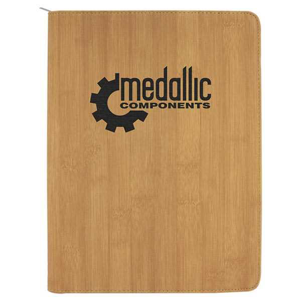 Picture of 9 1/2" x 12" Bamboo with Zipper Laserable Leatherette Portfolio with Notepad