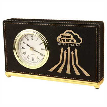 Picture of 7 1/2" x 4 1/2" Black/Gold Laserable Leatherette Horizontal Desk Clock