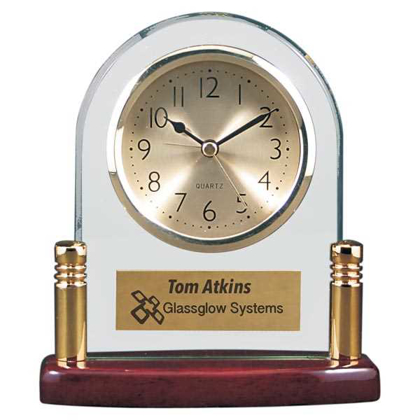 Picture of 6 1/2" Arch Glass Desk Clock with Metal Posts & Rosewood Piano Finish