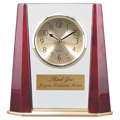 Picture of 7" Glass Desk Clock with Rosewood Finish Bevel Columns