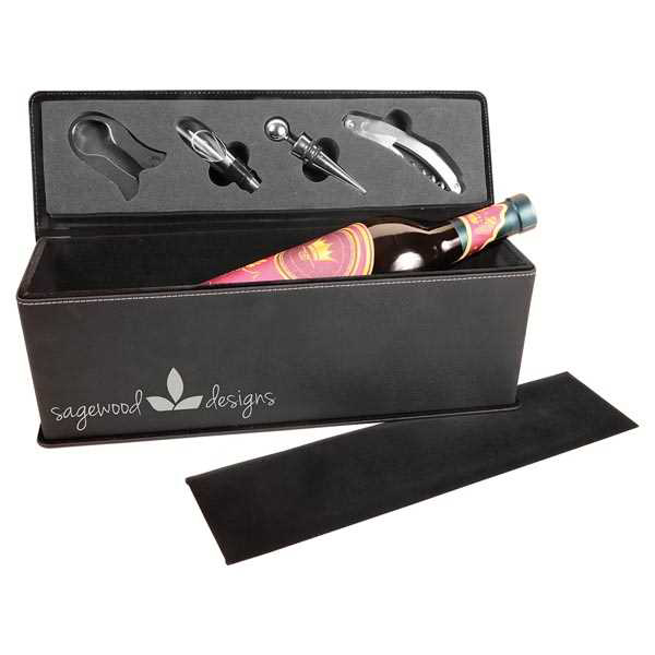 Picture of Black/Silver Laserable Leatherette Single Wine Box with Tools