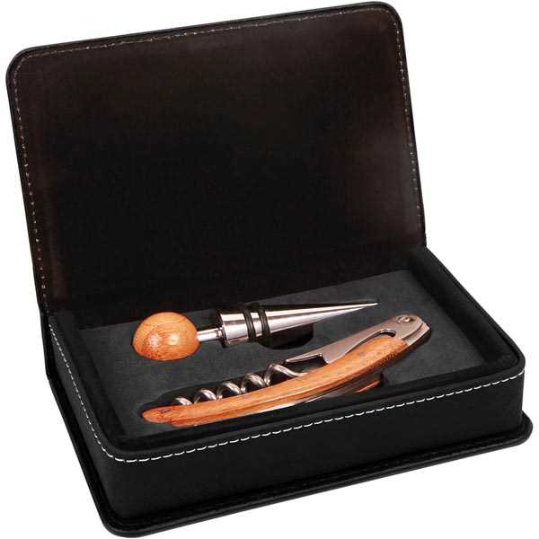 Picture of Black/Silver Laserable Leatherette 2-Piece Wine Tool Set