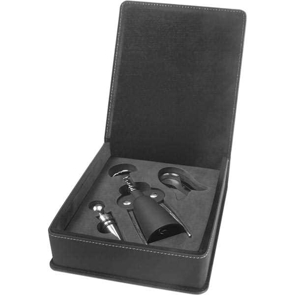 Picture of Black/Gold Laserable Leatherette 3-Piece Wine Tool Gift Set