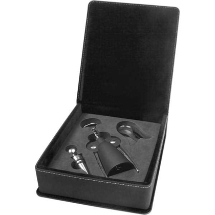 Picture of Black/Silver Laserable Leatherette 3-Piece Wine Tool Gift Set