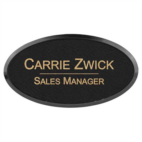 Picture of 3" x 1 1/2" Black/Gold Laserable Leatherette Oval Badge & Frame