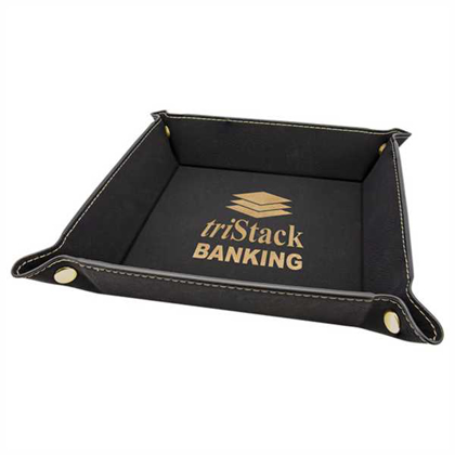 Picture of 6" x 6" Black/Gold Laserable Leatherette Snap Up Tray with Gold Snaps