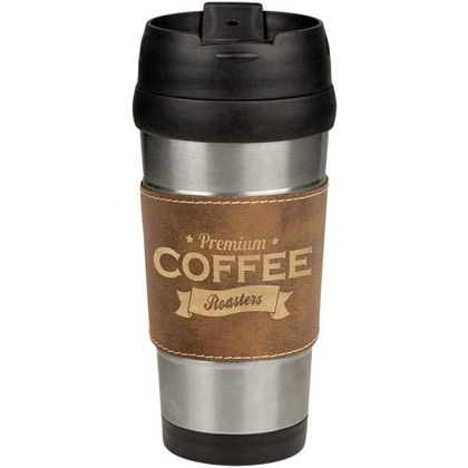 Picture of 16 oz. Rustic/Gold Laserable Leatherette Stainless Steel Travel Mug