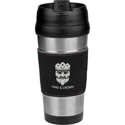 Picture of 16 oz. Black/Silver Laserable Leatherette Stainless Steel Travel Mug