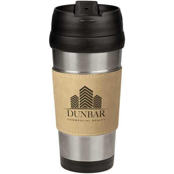 Picture of 16 oz. Light Brown Laserable Leatherette Stainless Steel Travel Mug