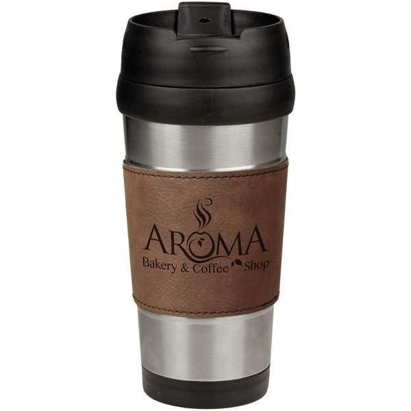 Picture of 16 oz. Dark Brown Laserable Leatherette Stainless Steel Travel Mug