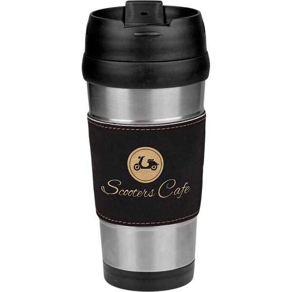 Picture of 16 oz. Black/Gold Laserable Leatherette Stainless Steel Travel Mug