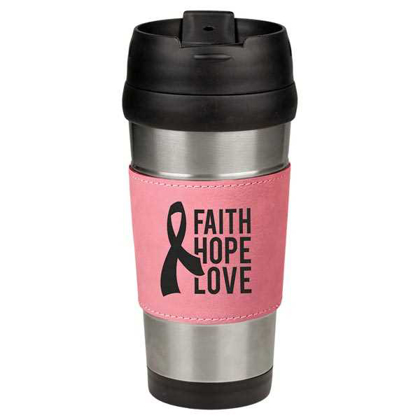 Picture of 16 oz. Pink Laserable Leatherette Stainless Steel Travel Mug