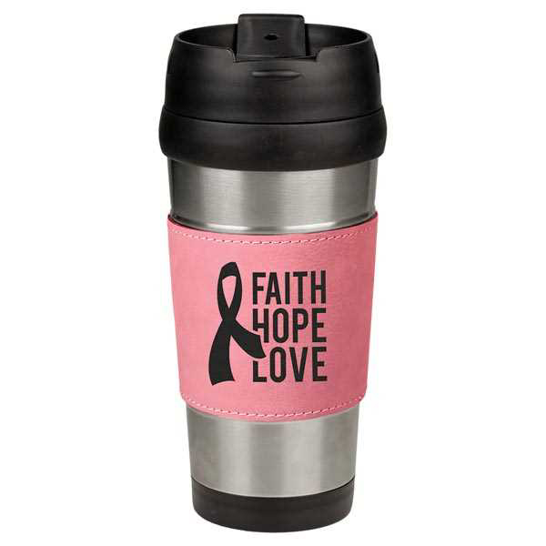 Picture of 16 oz. Pink Laserable Leatherette Stainless Steel Travel Mug