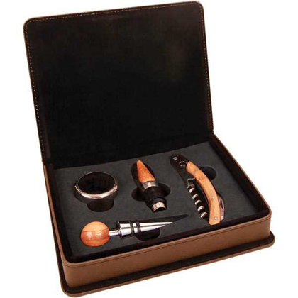 Picture of Dark Brown Laserable Leatherette 4-Piece Wine Tool Set