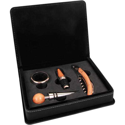Picture of Black/Gold Laserable Leatherette 4-Piece Wine Tool Set