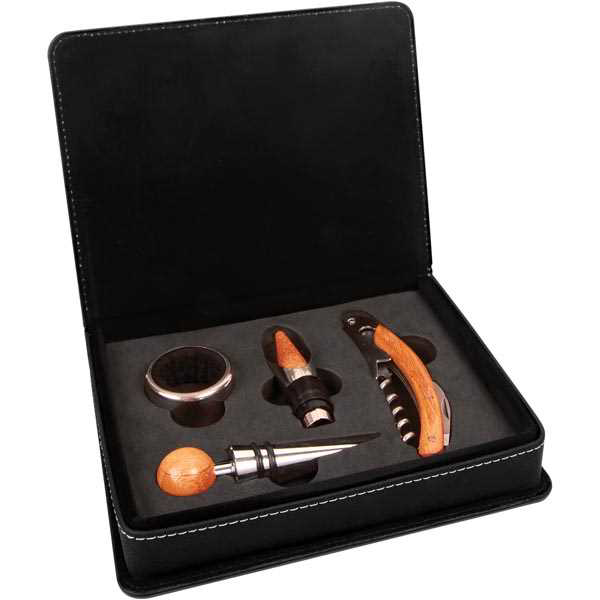 Picture of Black/Silver Laserable Leatherette 4-Piece Wine Tool Set