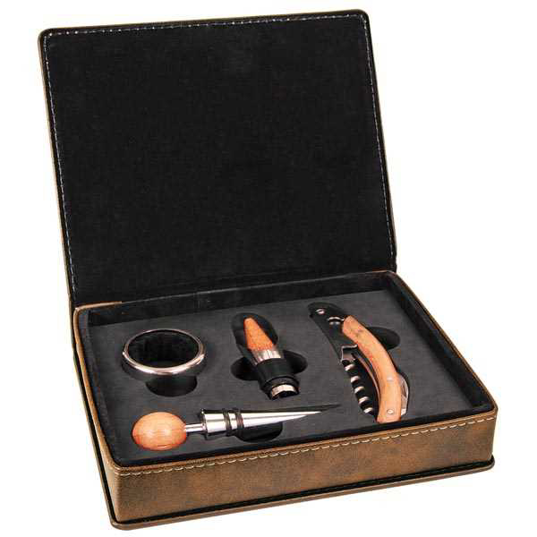 Picture of Rustic/Gold Laserable Leatherette 4-Piece Wine Tool Set