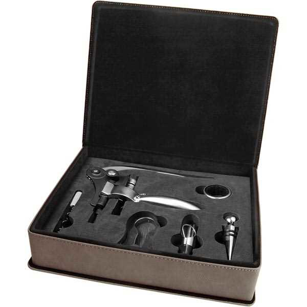 Picture of Gray Laserable Leatherette 5-Piece Wine Tool Gift Set