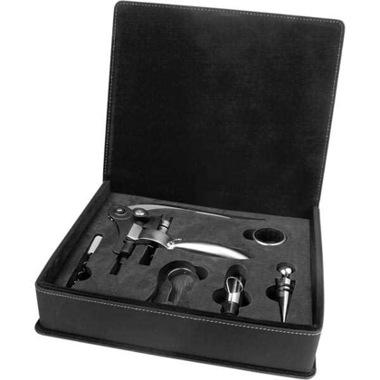 Picture of Black/Silver Laserable Leatherette 5-Piece Wine Tool Gift Set