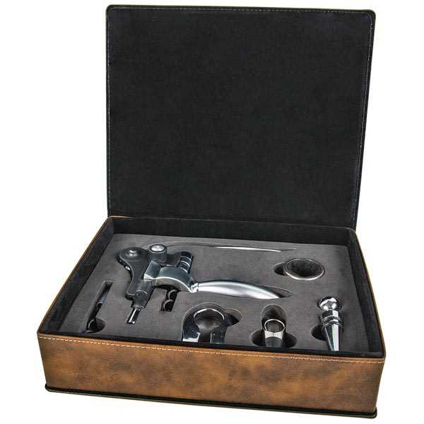 Picture of Rustic/Gold Laserable Leatherette 5-Piece Wine Tool Set