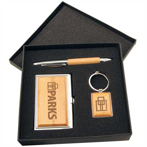 Picture of Silver/Wood Finish Gift Set with Business Card Case, Pen & Keychain