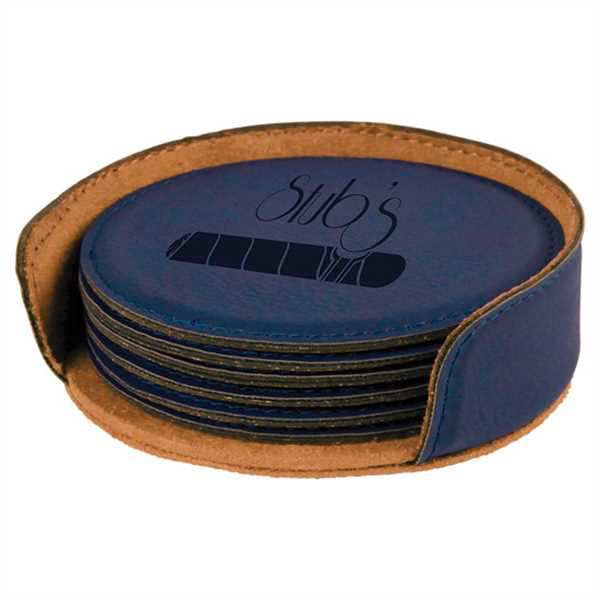 Picture of 4" Blue Round Laserable Leatherette 6-Coaster Set