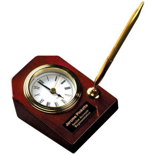 Picture of 3 5/8" x 4 3/4" Rosewood Piano Finish Desk Clock with Pen